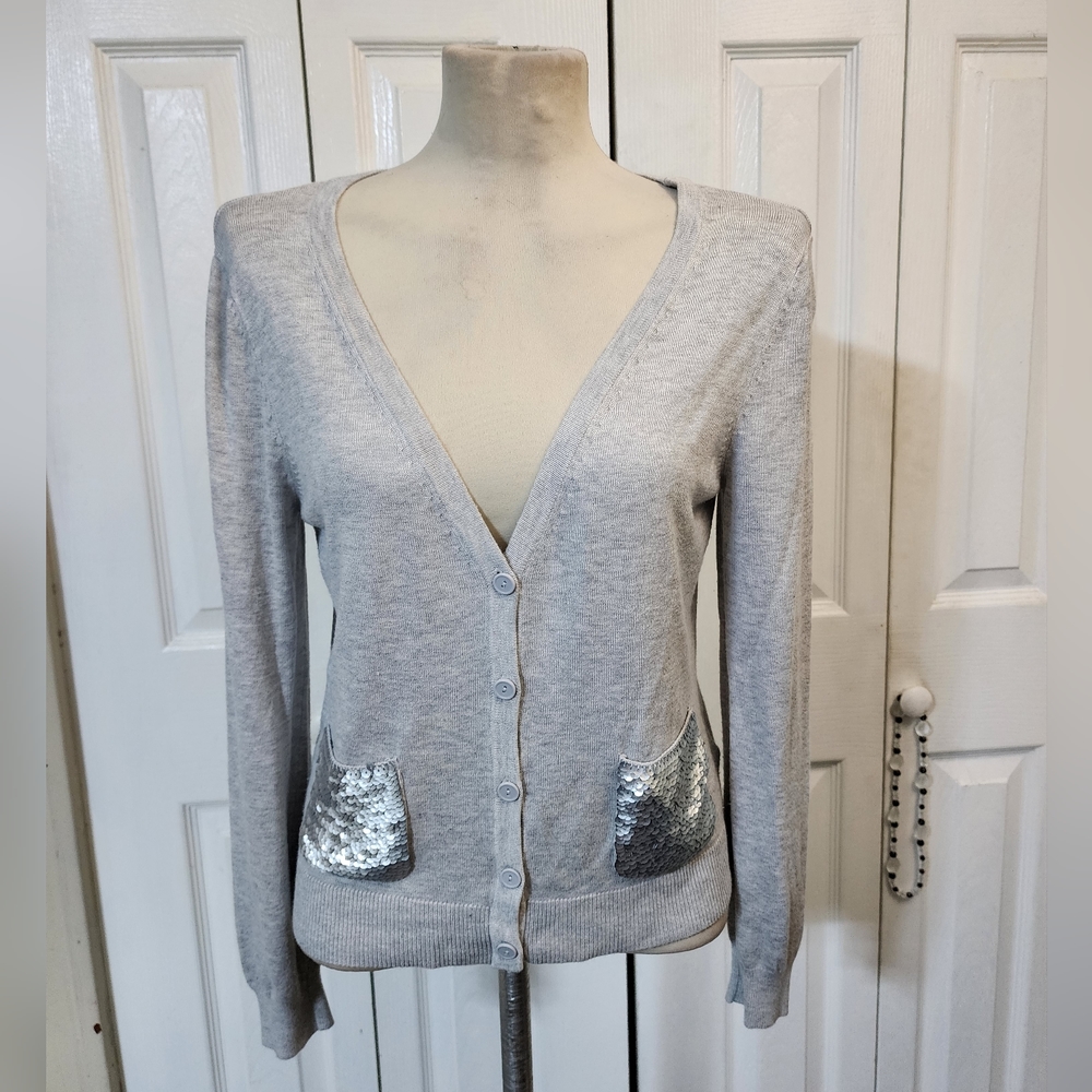 H&M Gray Button Down Long Sleeve Sequin Pockets Cardigan